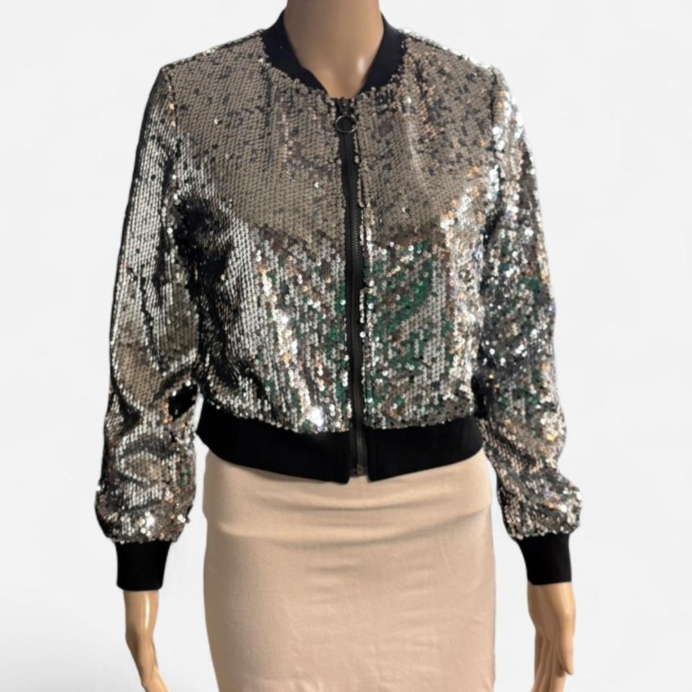 Allegra K Womens Silver Sequin Bomber Jacket Black Trim Cropped Zip Up XS